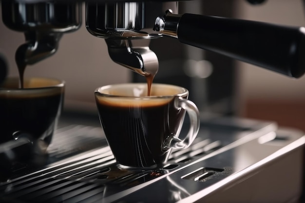 Primer plano de espresso que sale de la máquina de café IA generativa