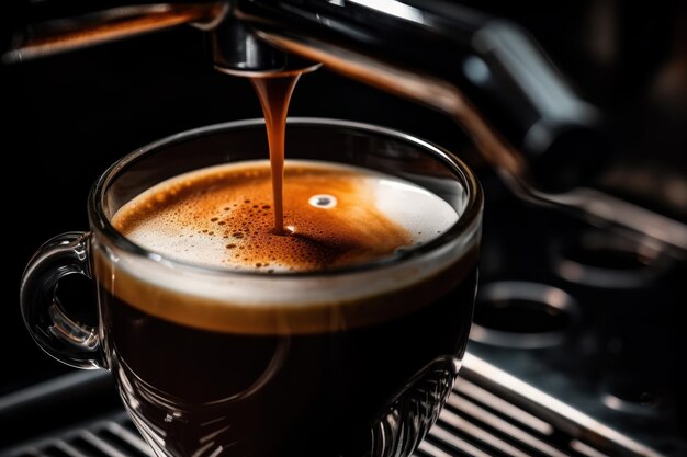 Primer plano de un espresso saliendo de una máquina de café Preparación de café profesional