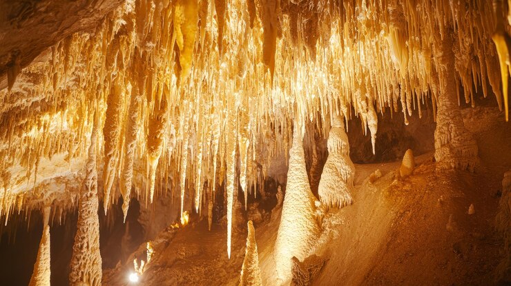 Un primer plano de estalactitas y estalagmitas en una cueva