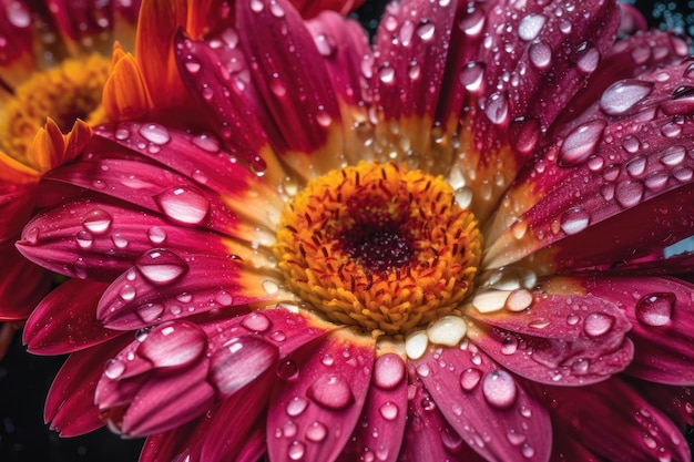 Primer plano de un estampado floral vibrante con gotas de agua en los pétalos creados con ai generativo