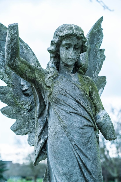 Foto primer plano de la estatua del ángel en el cementerio contra el cielo