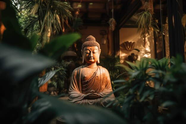 Un primer plano de la estatua de Buda y las plantas en un templo tradicional creado utilizando tecnología de IA generativa