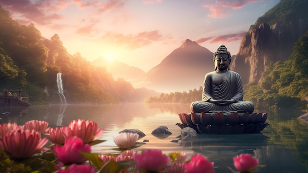 Primer plano de la estatua de Buda en posición de loto entre flores