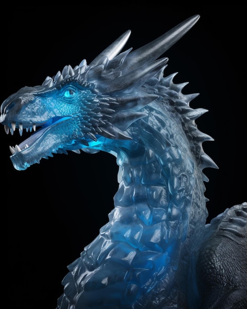 Un primer plano de una estatua de dragón azul con un ai generativo de fondo negro