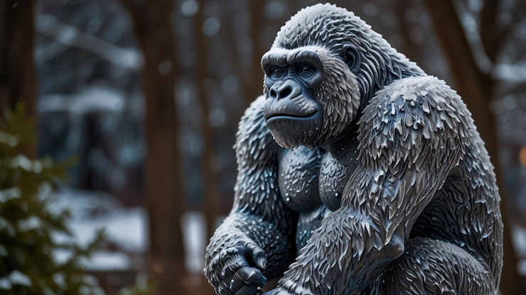 Foto un primer plano de una estatua de gorila cubierta de nieve sentada en un bosque invernal