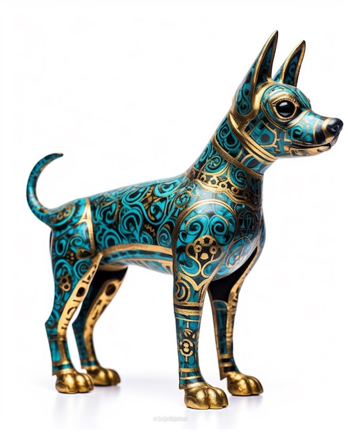 un primer plano de una estatua de un perro con un diseño azul y dorado generativo ai