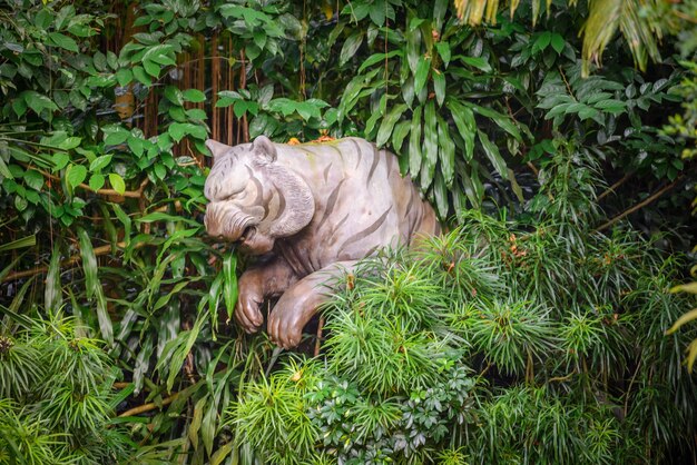 Foto primer plano de la estatua del tigre en medio de las plantas