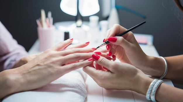 Primer plano de una esteticista pintando las uñas de una mujer con un pincel en un salón de uñas