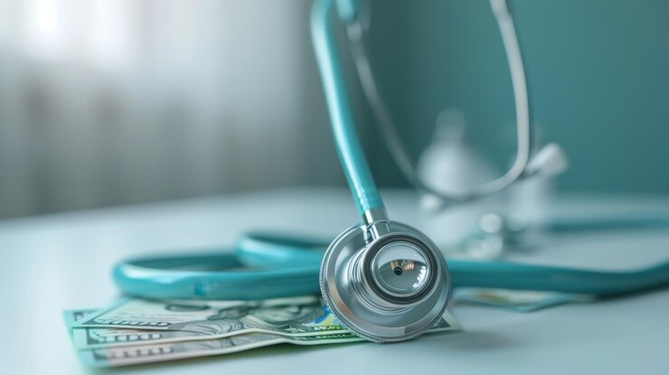 Un primer plano de un estetoscopio apoyado en billetes de dólar que representan la financiación de la atención médica