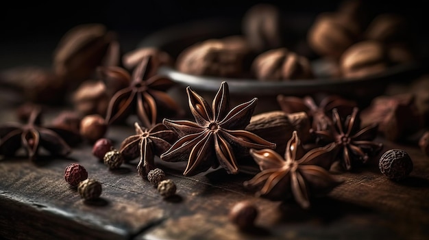 Primer plano de estrellas de anís aromático en mesa de madera con ai generativo