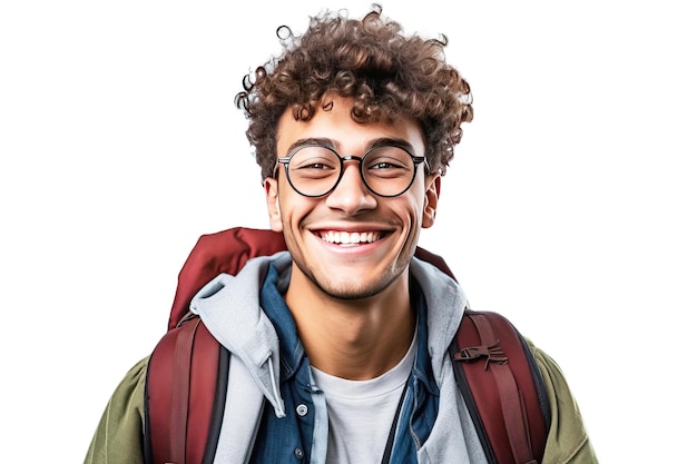 Primer plano de un estudiante joven sonriente en uniforme de fondo blanco aislado