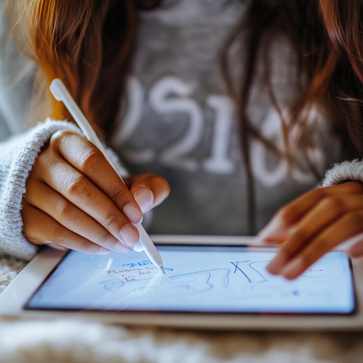 Foto primer plano de un estudiante usando aplicaciones y herramientas educativas en una tableta