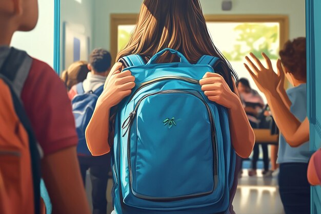 Un primer plano de estudiantes nerviosos con las manos agarrando su mochila.