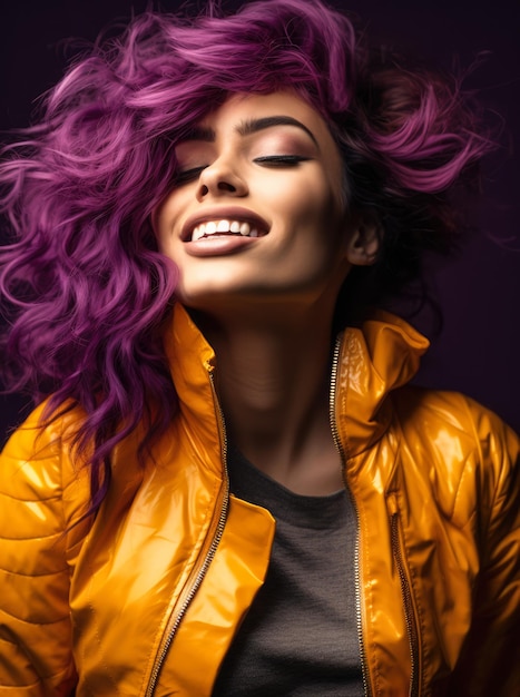 Primer plano de estudio de una mujer joven con un colorido cabello ondulado y una chaqueta amarilla posando para la cámara