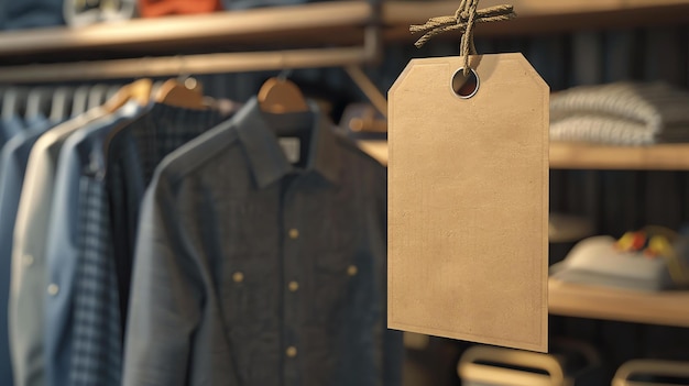 Foto un primer plano de una etiqueta de precio en blanco colgada en una tienda de ropa la etiqueta está hecha de cartón marrón y tiene un ojo de metal para fijarla a una prenda