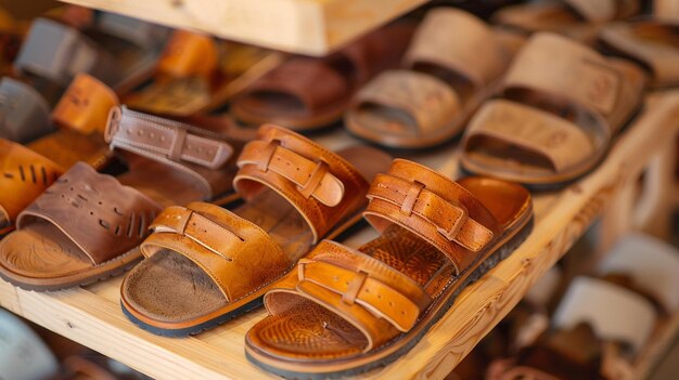 Foto un primer plano de una exhibición de cómodas sandalias de diferentes estilos