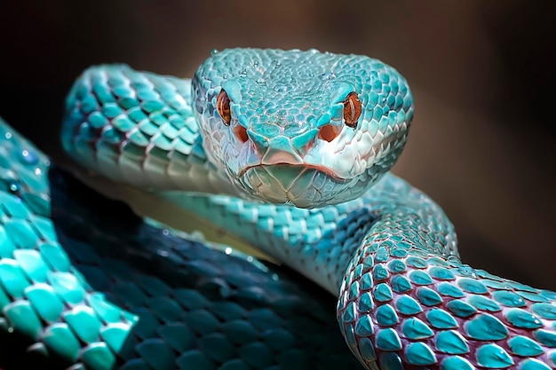 Foto un primer plano de la exótica y venenosa víbora azul insularis - serie de fotos de reptiles animales