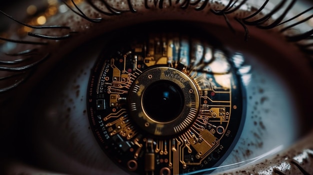 Primer plano extremo de un chip de pupila electrónica de ojo robótico IA generativa