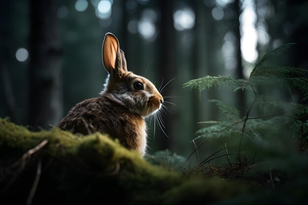 Primer plano extremo del conejo marrón en el bosque