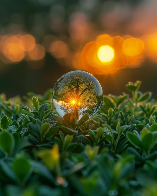 Un primer plano extremo de una gota de rocío que refleja el cielo de la mañana que muestra el mundo en miniatura dentro de AI Generative