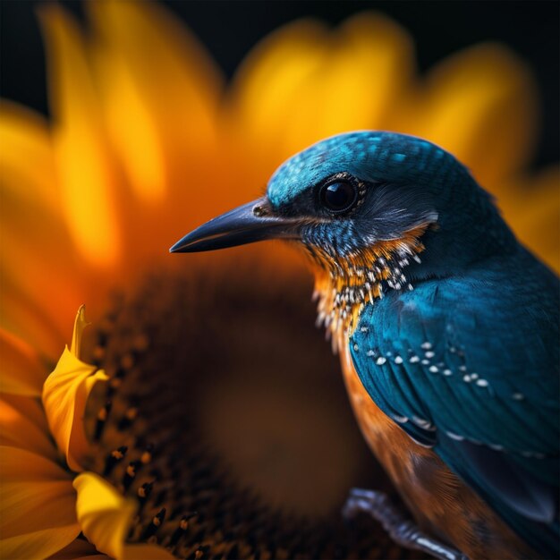 Primer plano extremo de un hermoso girasol con un pájaro