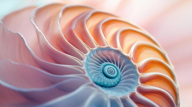 Un primer plano extremo de la sección transversal de la concha del Nautilus