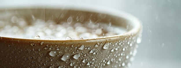 Un primer plano extremo de una taza de café besada con rocío