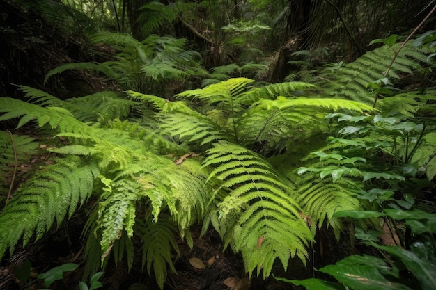 Primer plano de exuberantes helechos de la selva creados con ai generativa