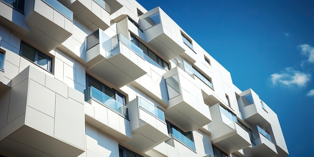 Primer plano de la fachada de un edificio residencial moderno diseño elegante líneas limpias y materiales avanzados que crean un aspecto contemporáneo IA IA generativa