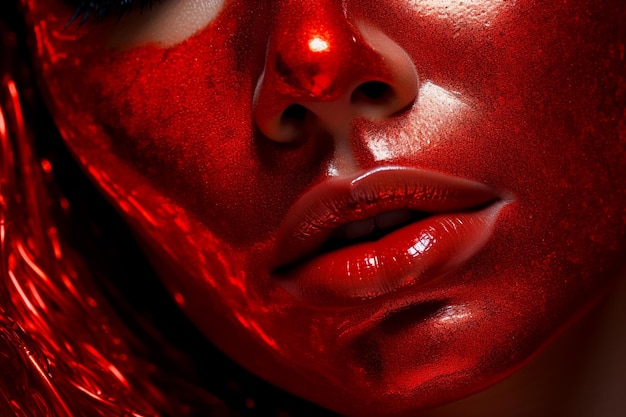 Primer plano facial de una hermosa mujer con maquillaje de color rojo generado por Ai