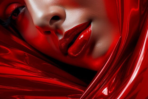 Foto primer plano facial de una hermosa mujer con maquillaje de color rojo generado por ai