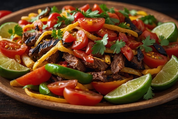 Un primer plano de fajitas coronadas con una colorida variedad de d