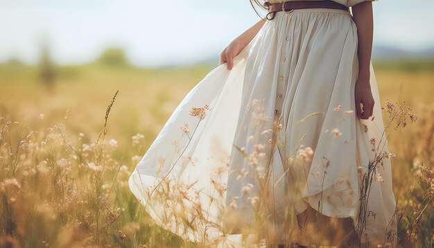 Un primer plano de una falda larga que fluye en el viento en un concepto de primavera de campo