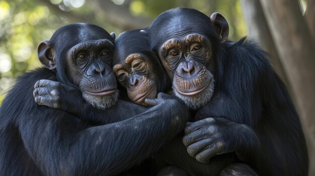 Foto un primer plano de una familia de chimpancés que se aferran el uno al otro por apoyo mientras su hogar continúa siendo