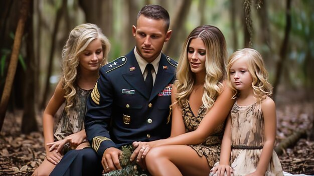 Foto un primer plano de una familia de la estrella de oro sentada en la tumba de su soldado caído