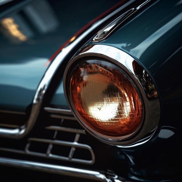 Foto un primer plano de un faro de coche con el reflejo de un coche en el fondo