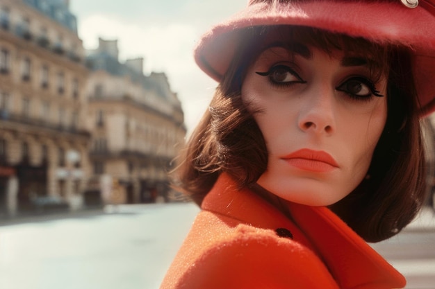 Foto un primer plano de una fashionista de los años 60 que evoca la nostalgia francesa