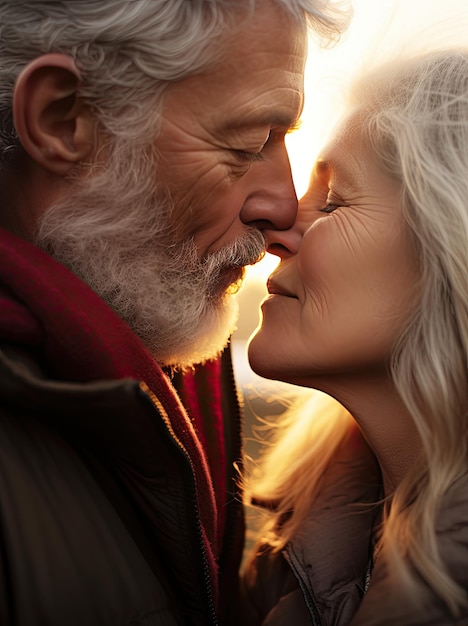 Foto primer plano de una feliz pareja de ancianos besándose al atardecer