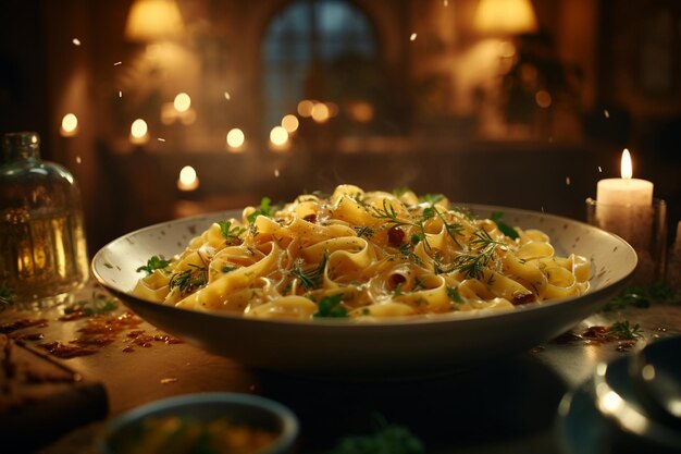 Un primer plano de fettuccine cocida con crema y especias en un cuenco bajo las luces