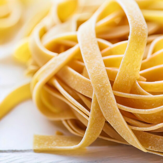 Un primer plano de una fettuccine de pasta italiana seca cruda en una mesa de madera blanca