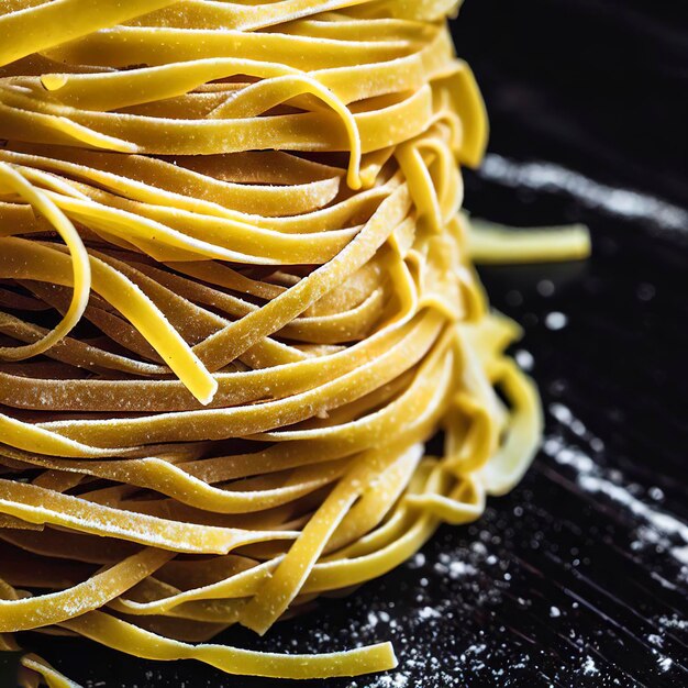 Un primer plano de una fettuccine de pasta italiana seca cruda en una mesa de madera negra