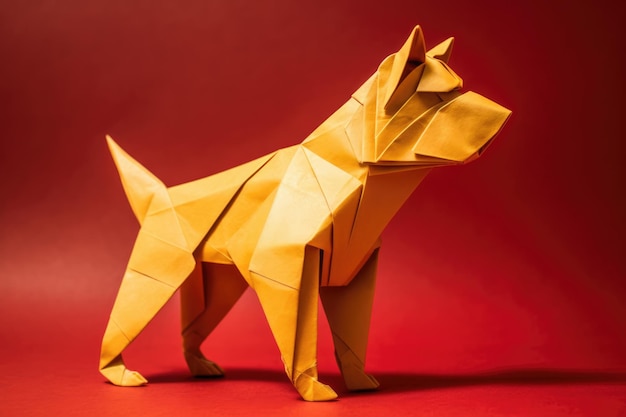 Primer plano de la figura de perro de origami sobre fondo rojo creado con tecnología de ai generativa