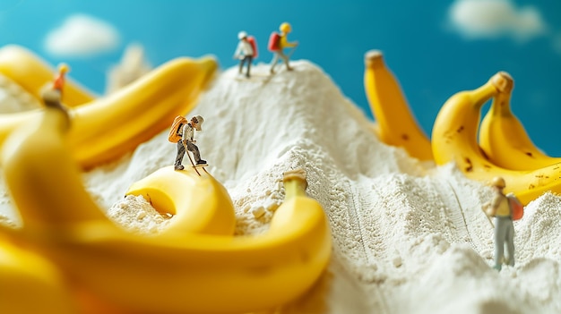 Primer plano de figuras trabajando en el plátano sobre un fondo rosado