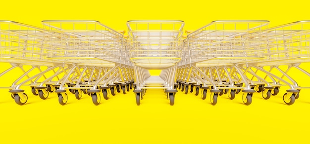 Primer plano de una fila de carros de compras apilados en amarillo