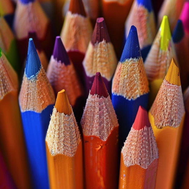Foto un primer plano de una fila de lápices de colores con uno púrpura y amarillo