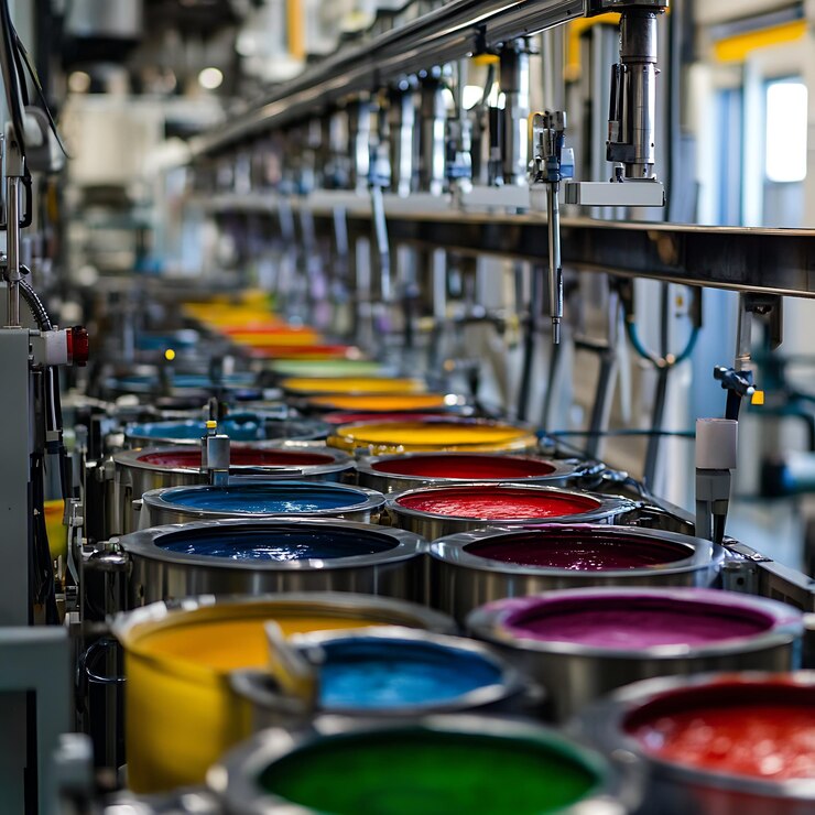 un primer plano de una fila de latas de pintura con diferentes colores