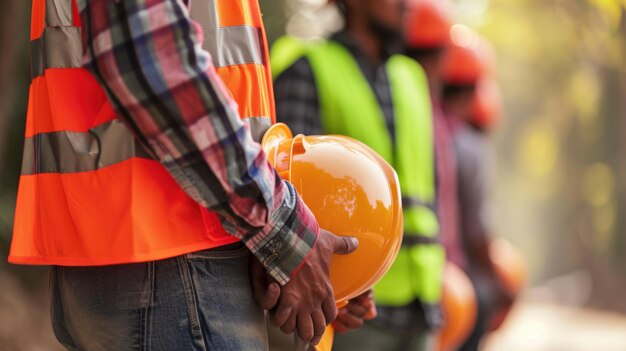 Primer plano de una fila de trabajadores de la construcción con sus cascos de seguridad amarillos y naranjas