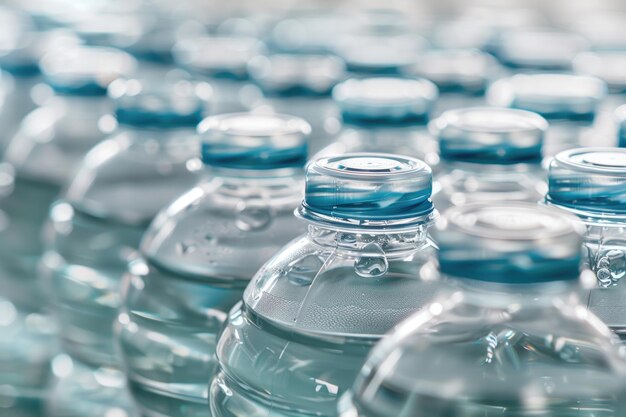 Primer plano de filas de refrescante agua mineral natural en botellas de plástico con fondo blanco