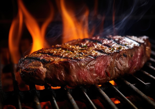 Un primer plano de un filete ardiente en la parrilla capturando los detalles intrincados de la parrilla