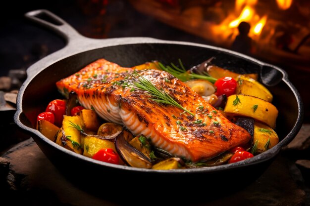 Primer plano de filete de salmón cocido servido con verduras asadas en una sartén de castirón